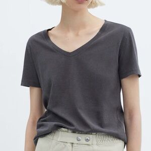 Mango | Distressed V-Neck Tee in Dark Gray